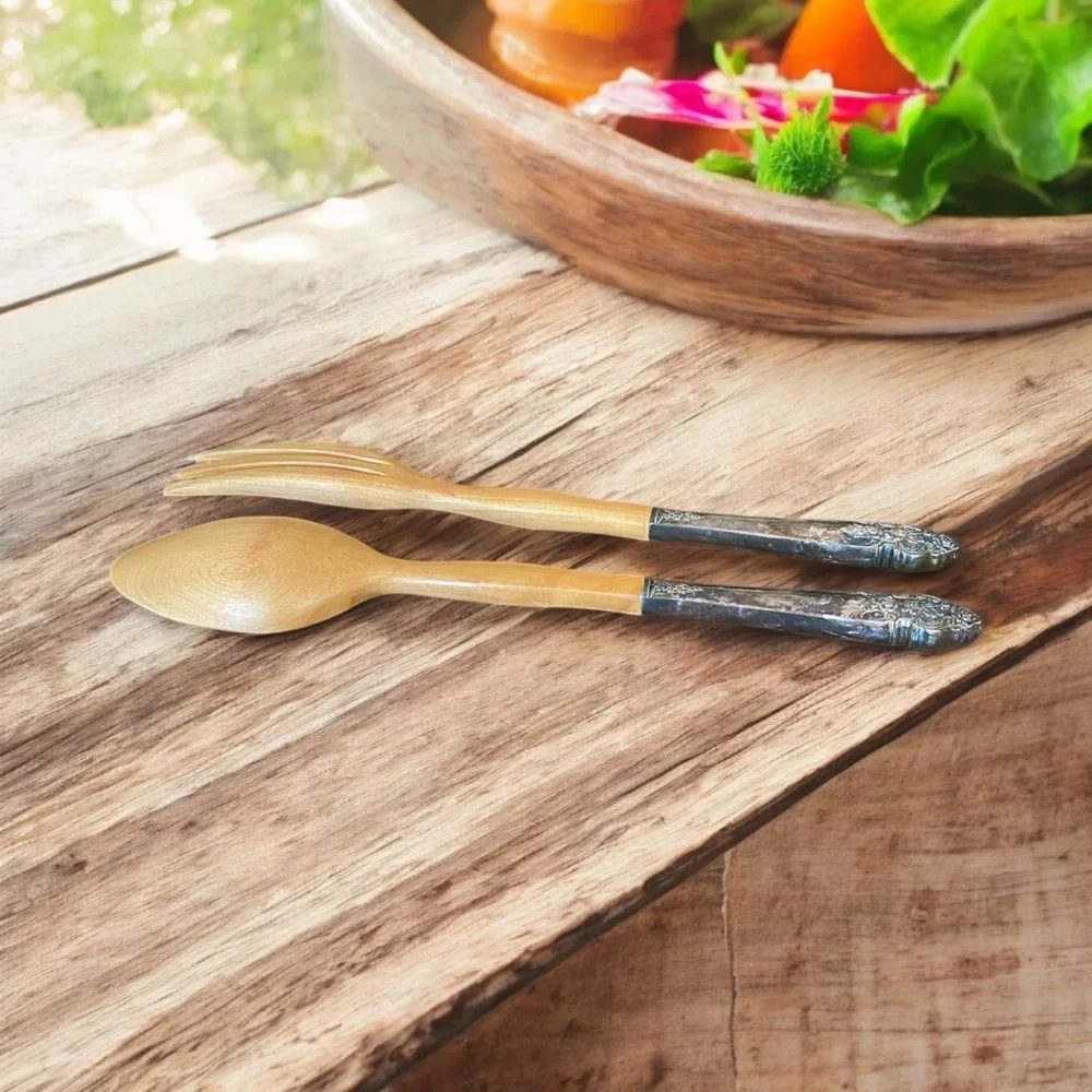 Vintage MCM Teak Wood & Sterling Silver Repousse Salad Serving Set 11.25